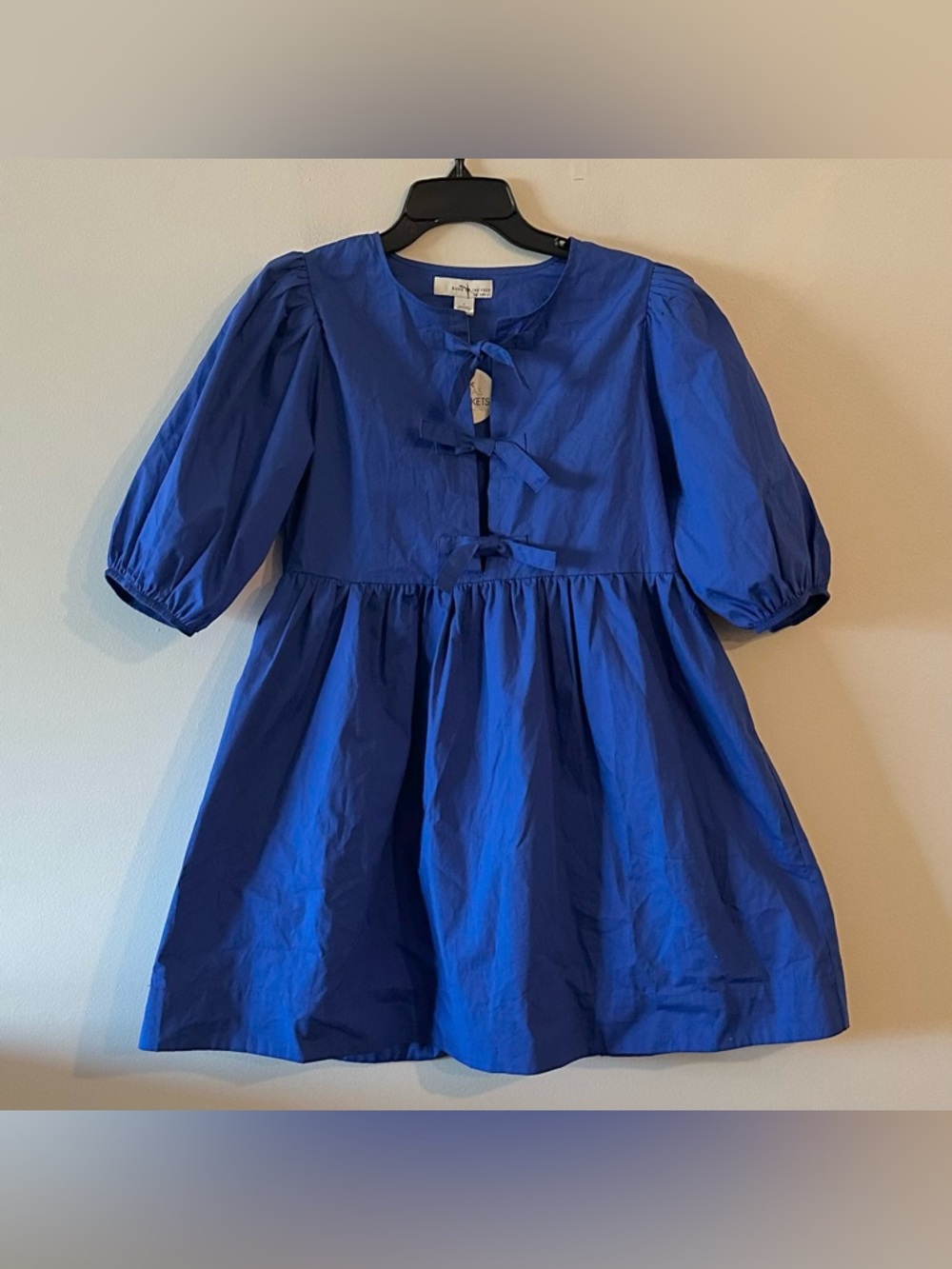 NEW Band Of Free Coquette Bow Poplin Cotton Blue Puff Sleeve Dress S Babydoll